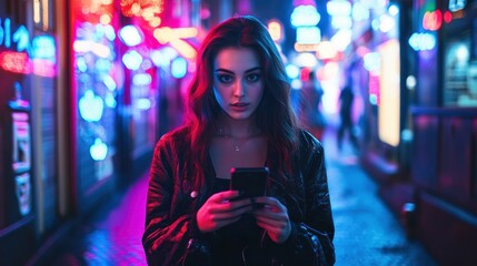 Obraz premium Woman in Neon Lights Holding a Smartphone