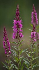 Fototapeta premium Close-Up of Purple Wildflowers with Thin Green Stems and Leaves
