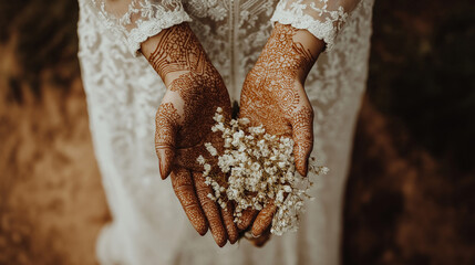 Fototapeta premium Bride's hands with detailed henna designs, holding a bouquet of jasmine flowers