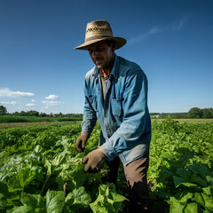A Farmer With A Straw Hat On His Head Working In A Green Field, Ai Generated Image