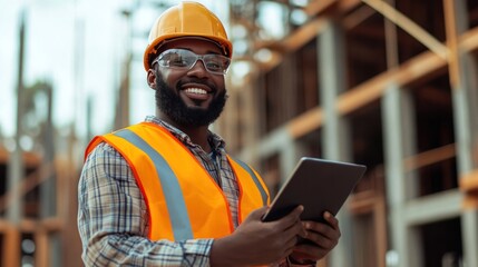 Engineer portrait at a construction site, holding a notebook and tablet