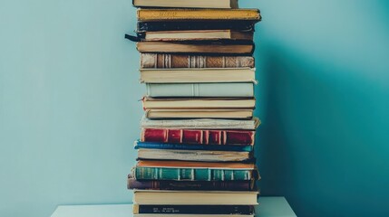 A Tall Stack of Vintage Books on a White Surface