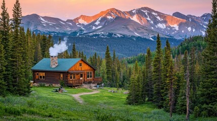 A Cozy Cabin Nestled in a Mountain Valley at Sunrise