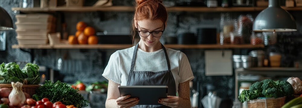 Young woman in an apron uses her tablet in an organic grocery store while checking fresh produce - Powered by Adobe