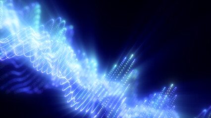 Abstract waves of glowing particles in vibrant blue creating a dynamic and fluid digital landscape against a dark background