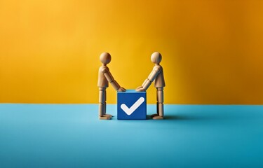 Two wooden figures stand facing each other with their hands resting on a blue cube with a white checkmark.