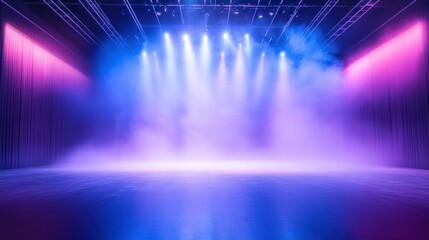 Stage Lit with Blue and Pink Spotlights and Smoke