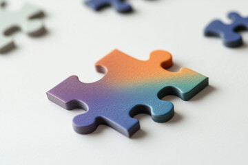 Obraz premium A single, irregular puzzle piece in vibrant gradient hues floats above a minimalistic white background, symbolizing the uniqueness of individuals within a diverse, harmonious society. 