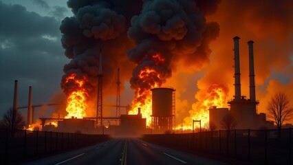 A massive industrial fire engulfs the factory, with vivid flames and dark smoke towering into the sky, creating a dramatic and intense scene of destruction.