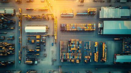 Aerial view of a busy shipping port at sunset