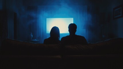 Naklejka premium A couple watching a movie together on a plush sofa at night, their silhouettes framed by soft, warm light from the screen