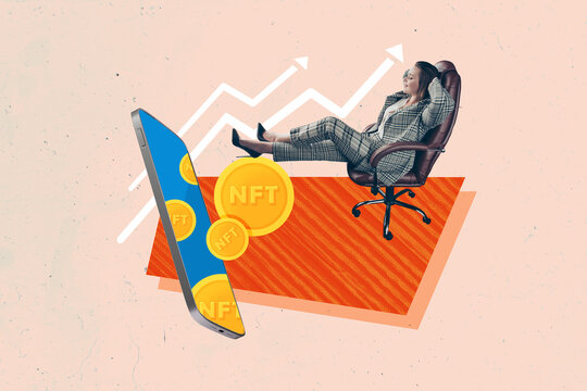 Creative collage picture young businesswoman sit relax armchair office worker smartphone screen nft golden tokens earnings - Powered by Adobe