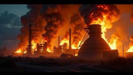A massive industrial fire engulfs the factory, with vivid flames and dark smoke towering into the sky, creating a dramatic and intense scene of destruction.