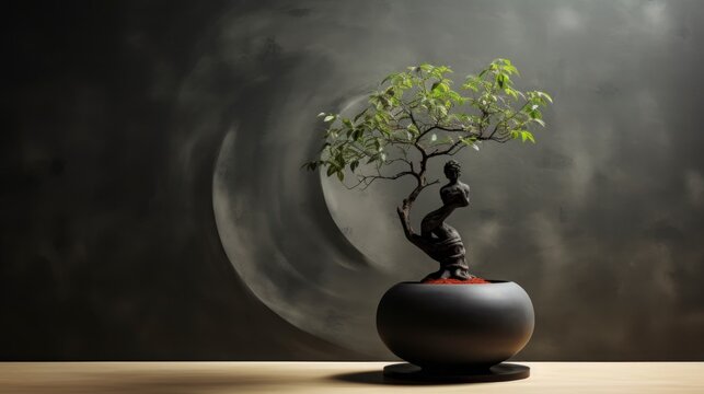  A bonsi with delicate branches and green leaves stands on a black pot. Behind, a dark, textured wall completes the image giving a sense of elegance and minimalism.