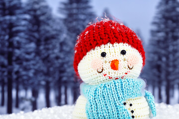 bonhomme de neige avec une &eacute;charpe et des gants en tricot dans la neige