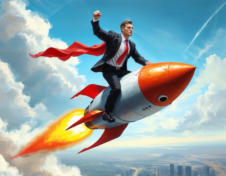 businessman riding a rocket