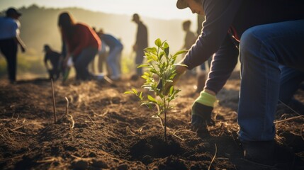  A group of people work in the field planting trees at sunset. The work together highlights the importance of reforestation for the environment.