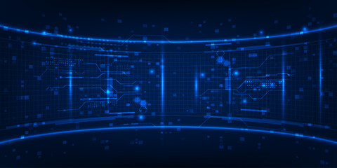 Futuristic digital space layout with wide curve screen with hi-tech architectural element.Vector illustrations.