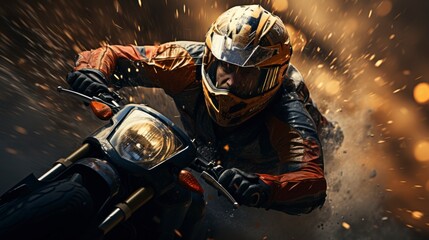  A motorcyclist dressed in an orange and black racing suit accelerates at high speed, kicking up...