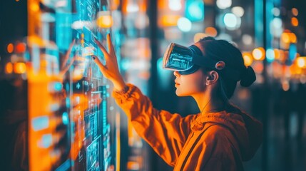 Obraz premium Woman in VR Headset Interacting with Digital Interface