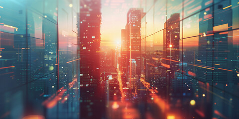 Fototapeta premium Futuristic cityscape with skyscrapers at sunrise.