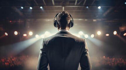  A DJ prepares to connect with the audience, surrounded by bright lights and an electrifying atmosphere at an evening music event.