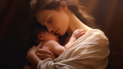  A mother holds her baby in her arms, with gestures of affection and tenderness. This intimate moment captures connection and unconditional love in a soft and cozy environment.