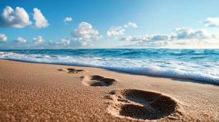 footprints in the sand leading toward the ocean, evoking a sense of adventure and exploration