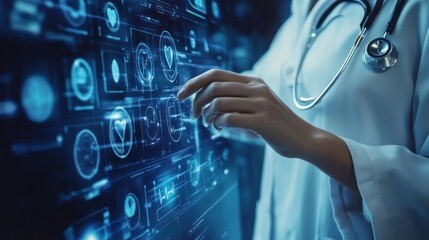 Doctor's hands working with medical care icons on virtual screen interface computer