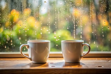 Obraz premium On a rainy morning, two white coffee mugs rest on the windowsill, raindrops glistening. The atmosphere exudes cozy vibes for a peaceful start.