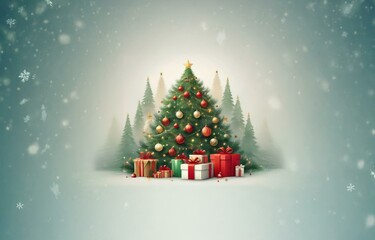 Obraz premium A decorated Christmas tree with gifts underneath, surrounded by blurred trees, falling snowflakes and a light snowfall.