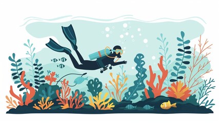Scuba diver exploring vibrant coral reef ecosystem in underwater adventure illustration