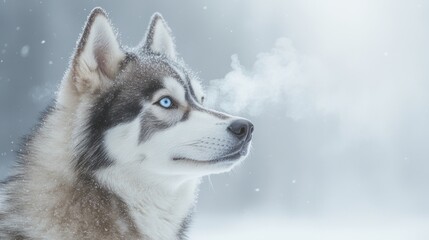 Minimalist portrait of a siberian husky in snowy setting with big copy space