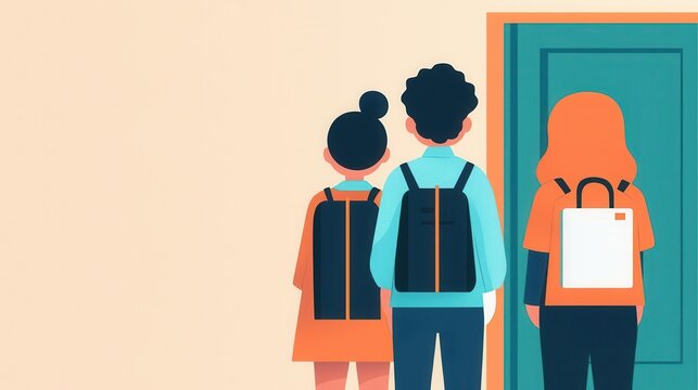 Students entering the classroom with high expectations, ready to learn, flat design illustration