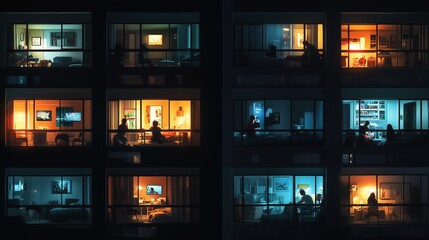 Captivating urban night view showcasing diverse activities in apartment balconies across a bustling city block