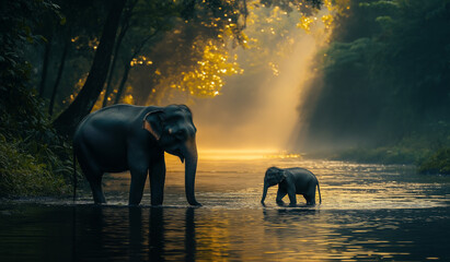 AI generator image of elephant in the savannah Walking through the swamp in the jungle forest