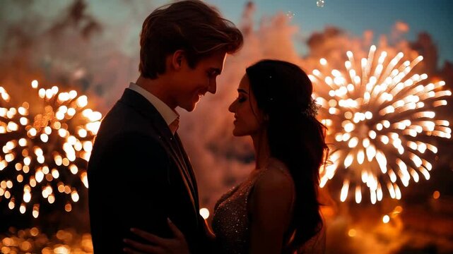 Couple Kissing Under Fireworks Display
