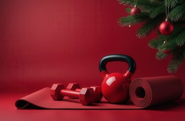 Christmas and New year. concept of healthy lifestyle and sport, gym and fitness, sport shops. burgundy sports equipment on burgundy background and green christmas tree
