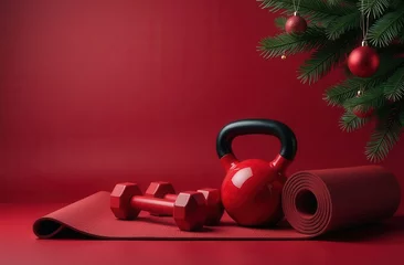 Christmas and New year 2025. concept of healthy lifestyle and sport, gym and fitness, sport shops. burgundy sports equipment on burgundy background and green christmas tree