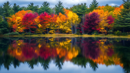 Colorful Foliage Tree Reflections in Calm Pond Water: A serene scene featuring colorful autumn tree foliage reflected in the calm waters of a pond on a beautiful autumn day in New England.