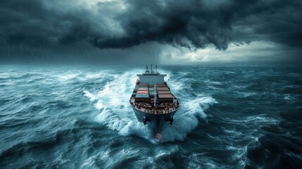 Naklejka premium Cargo ship navigating stormy seas under dark, turbulent skies in dramatic ocean setting