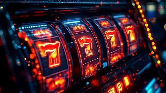 A close up view of a classic slot machine with three lucky 7s lined up, signifying a jackpot win.