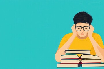 Students stressed with back-to-school learning, overwhelmed with books and assignments, flat design illustration
