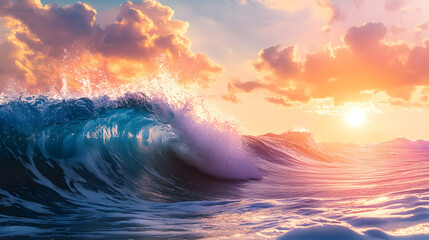 Obraz premium Colorful Ocean Wave: A vibrant wave in the ocean with sunset light and beautiful clouds in the background, capturing the dynamic nature of the sea.