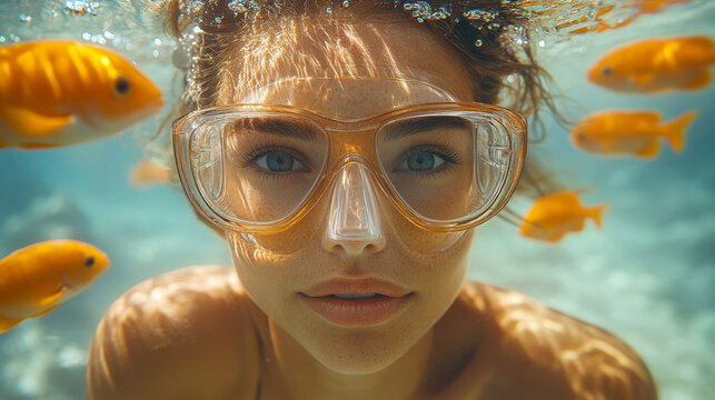 Smiling woman snorkeling underwater among vibrant fish, exploring the coral reefSmiling woman snorkeling underwater among vibrant fish, exploring the coral reef