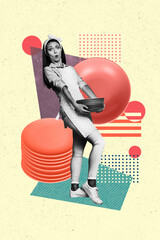 Vertical composite collage artwork image picture of impressed girl hold pile stack plates isolated...