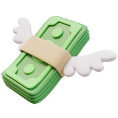 3D Icon Green Money Banknote Stack Bundle with Wings Dollar Sign. Money Finance Concept. 3D Illustration Design for Website or Mobile App