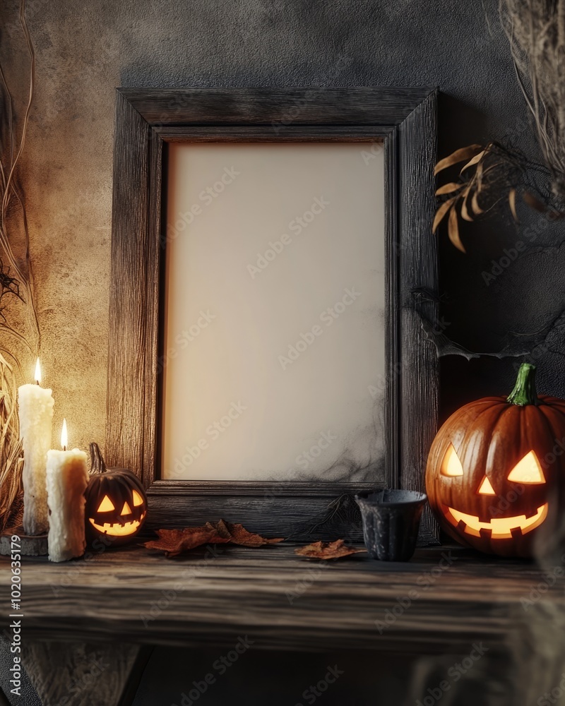 Wall mural Halloween mockup with wooden frame and spooky decor on shelf