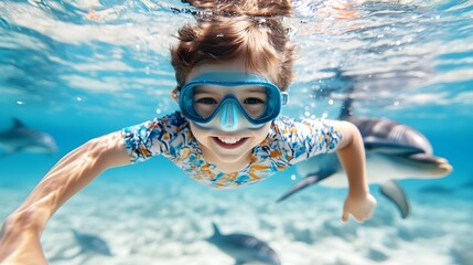 Naklejka premium A joyful child swims underwater with dolphins, wearing goggles and a colorful swimsuit, surrounded by vibrant marine life.