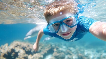 Fototapeta premium A young boy is swimming underwater, wearing blue goggles and a shirt, surrounded by clear water and coral.